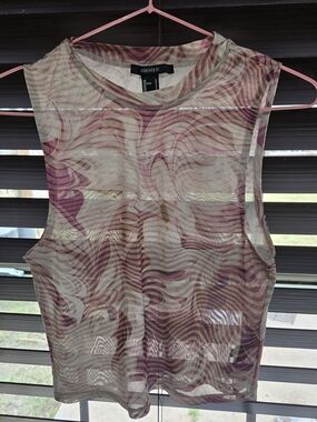 Y2K Forever 21 Sheer Mesh Tank Top Pink Wavy Print Retro Small